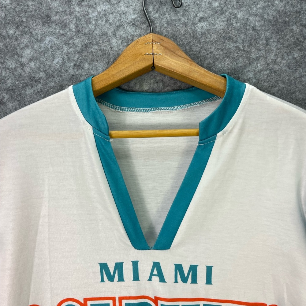 Miami Dolphins Shirt Womens Large White NFL Football V Neck Ruffle Sleeve Tee - Picture 4 of 8
